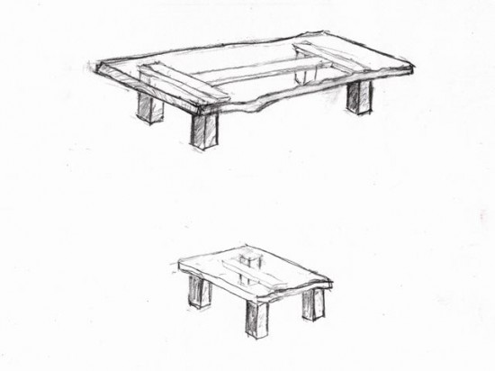 総欅造り一枚板座卓2台のデッサン
