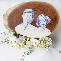 お客様のDIY作品「結婚式のウェルカムボード2（エンジュ切株輪切り一枚板）」～滋賀県・江頭様～